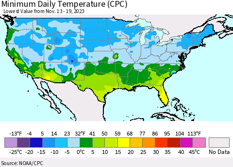 United States Minimum Daily Temperature (CPC) Thematic Map For 11/13/2023 - 11/19/2023
