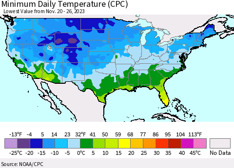 United States Minimum Daily Temperature (CPC) Thematic Map For 11/20/2023 - 11/26/2023