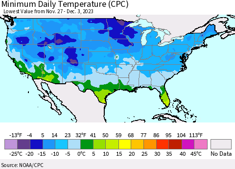 United States Minimum Daily Temperature (CPC) Thematic Map For 11/27/2023 - 12/3/2023