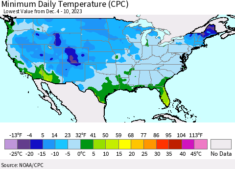 United States Minimum Daily Temperature (CPC) Thematic Map For 12/4/2023 - 12/10/2023