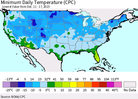 United States Minimum Daily Temperature (CPC) Thematic Map For 12/11/2023 - 12/17/2023