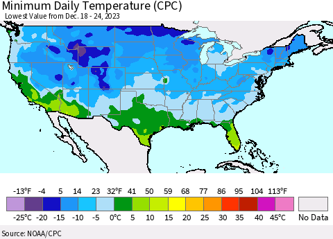 United States Minimum Daily Temperature (CPC) Thematic Map For 12/18/2023 - 12/24/2023