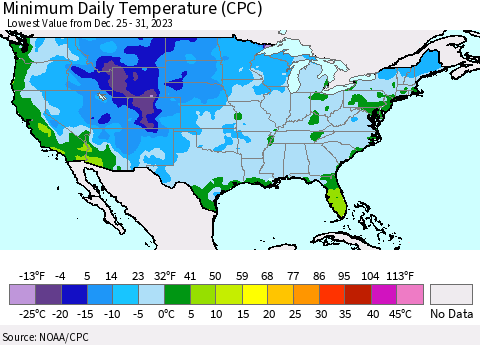 United States Minimum Daily Temperature (CPC) Thematic Map For 12/25/2023 - 12/31/2023