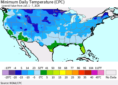 United States Minimum Daily Temperature (CPC) Thematic Map For 1/1/2024 - 1/7/2024