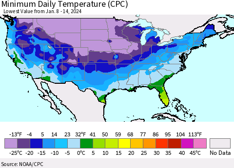 United States Minimum Daily Temperature (CPC) Thematic Map For 1/8/2024 - 1/14/2024