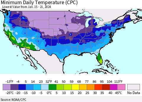 United States Minimum Daily Temperature (CPC) Thematic Map For 1/15/2024 - 1/21/2024