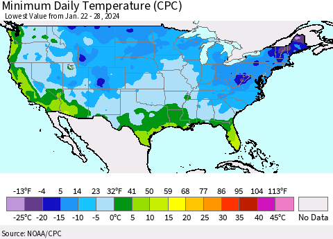 United States Minimum Daily Temperature (CPC) Thematic Map For 1/22/2024 - 1/28/2024