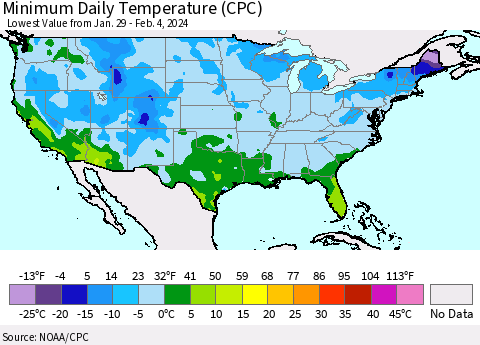 United States Minimum Daily Temperature (CPC) Thematic Map For 1/29/2024 - 2/4/2024