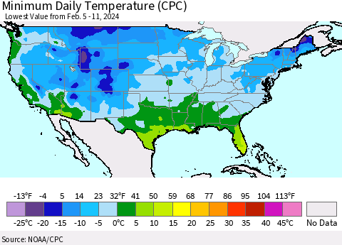 United States Minimum Daily Temperature (CPC) Thematic Map For 2/5/2024 - 2/11/2024