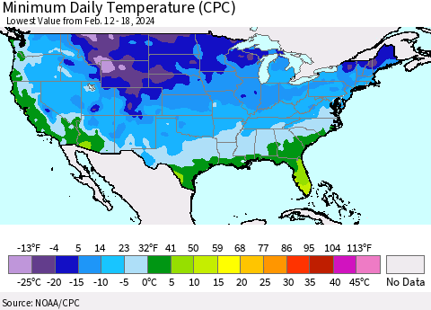 United States Minimum Daily Temperature (CPC) Thematic Map For 2/12/2024 - 2/18/2024