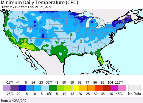 United States Minimum Daily Temperature (CPC) Thematic Map For 2/19/2024 - 2/25/2024