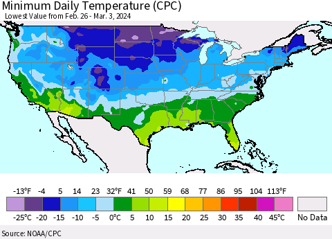 United States Minimum Daily Temperature (CPC) Thematic Map For 2/26/2024 - 3/3/2024