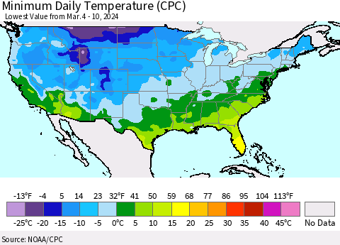 United States Minimum Daily Temperature (CPC) Thematic Map For 3/4/2024 - 3/10/2024