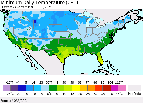 United States Minimum Daily Temperature (CPC) Thematic Map For 3/11/2024 - 3/17/2024