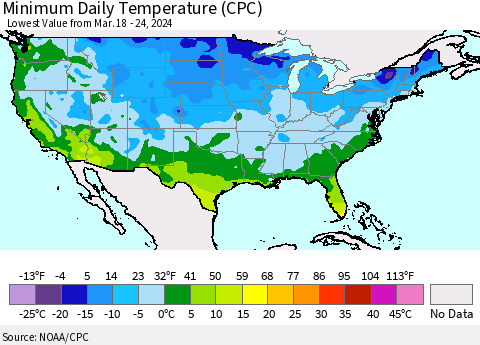 United States Minimum Daily Temperature (CPC) Thematic Map For 3/18/2024 - 3/24/2024