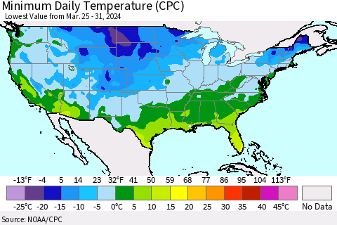 United States Minimum Daily Temperature (CPC) Thematic Map For 3/25/2024 - 3/31/2024