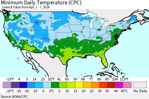 United States Minimum Daily Temperature (CPC) Thematic Map For 4/1/2024 - 4/7/2024
