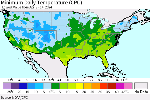 United States Minimum Daily Temperature (CPC) Thematic Map For 4/8/2024 - 4/14/2024