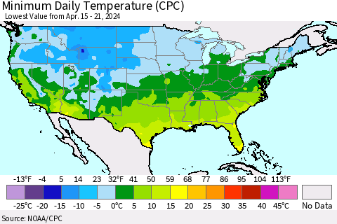 United States Minimum Daily Temperature (CPC) Thematic Map For 4/15/2024 - 4/21/2024