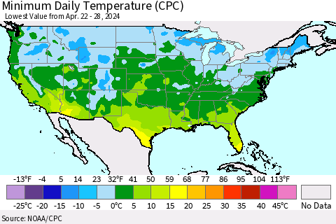 United States Minimum Daily Temperature (CPC) Thematic Map For 4/22/2024 - 4/28/2024