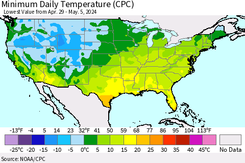 United States Minimum Daily Temperature (CPC) Thematic Map For 4/29/2024 - 5/5/2024