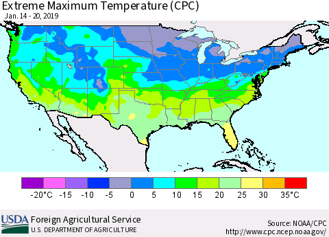 United States Maximum Daily Temperature (CPC) Thematic Map For 1/14/2019 - 1/20/2019