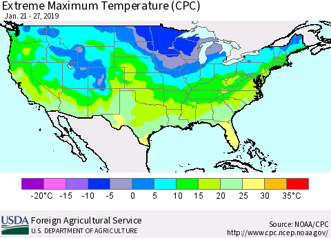 United States Maximum Daily Temperature (CPC) Thematic Map For 1/21/2019 - 1/27/2019