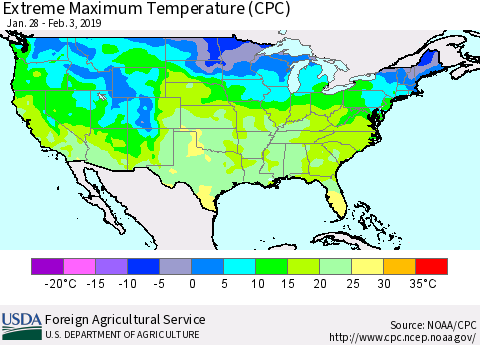 United States Maximum Daily Temperature (CPC) Thematic Map For 1/28/2019 - 2/3/2019