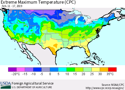 United States Maximum Daily Temperature (CPC) Thematic Map For 2/11/2019 - 2/17/2019