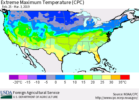 United States Maximum Daily Temperature (CPC) Thematic Map For 2/25/2019 - 3/3/2019