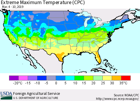 United States Maximum Daily Temperature (CPC) Thematic Map For 3/4/2019 - 3/10/2019