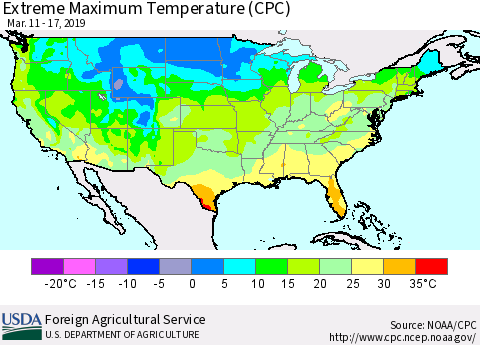 United States Maximum Daily Temperature (CPC) Thematic Map For 3/11/2019 - 3/17/2019