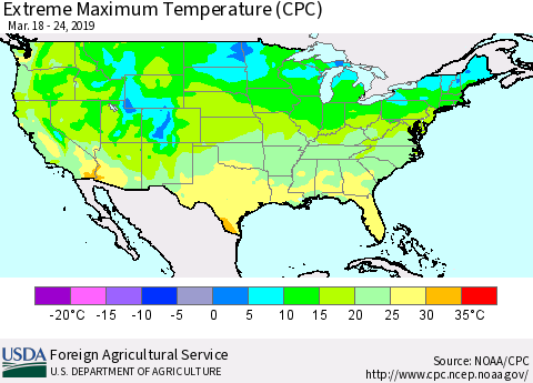 United States Maximum Daily Temperature (CPC) Thematic Map For 3/18/2019 - 3/24/2019