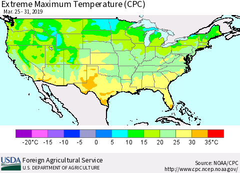United States Maximum Daily Temperature (CPC) Thematic Map For 3/25/2019 - 3/31/2019