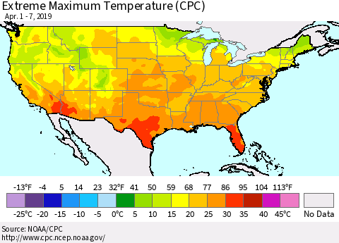 United States Maximum Daily Temperature (CPC) Thematic Map For 4/1/2019 - 4/7/2019