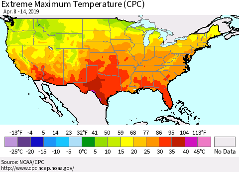 United States Maximum Daily Temperature (CPC) Thematic Map For 4/8/2019 - 4/14/2019