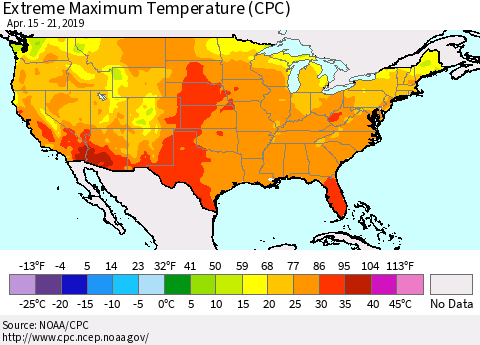 United States Maximum Daily Temperature (CPC) Thematic Map For 4/15/2019 - 4/21/2019