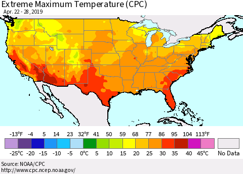 United States Maximum Daily Temperature (CPC) Thematic Map For 4/22/2019 - 4/28/2019