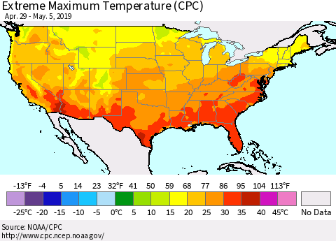United States Maximum Daily Temperature (CPC) Thematic Map For 4/29/2019 - 5/5/2019