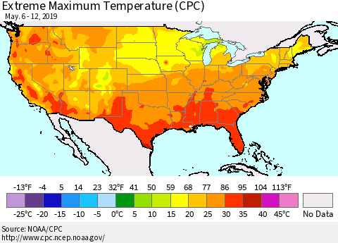 United States Maximum Daily Temperature (CPC) Thematic Map For 5/6/2019 - 5/12/2019