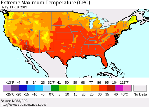 United States Maximum Daily Temperature (CPC) Thematic Map For 5/13/2019 - 5/19/2019