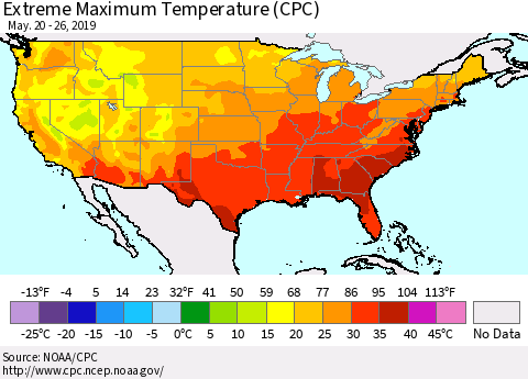United States Maximum Daily Temperature (CPC) Thematic Map For 5/20/2019 - 5/26/2019