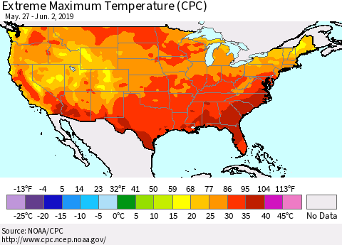 United States Maximum Daily Temperature (CPC) Thematic Map For 5/27/2019 - 6/2/2019