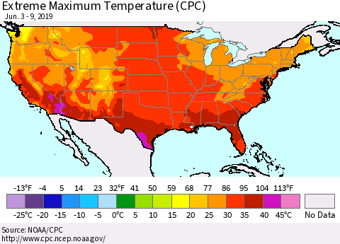United States Maximum Daily Temperature (CPC) Thematic Map For 6/3/2019 - 6/9/2019