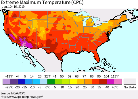 United States Maximum Daily Temperature (CPC) Thematic Map For 6/10/2019 - 6/16/2019