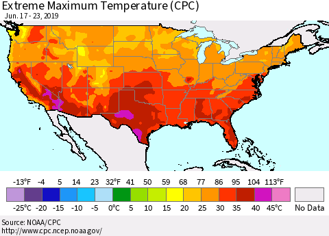 United States Maximum Daily Temperature (CPC) Thematic Map For 6/17/2019 - 6/23/2019