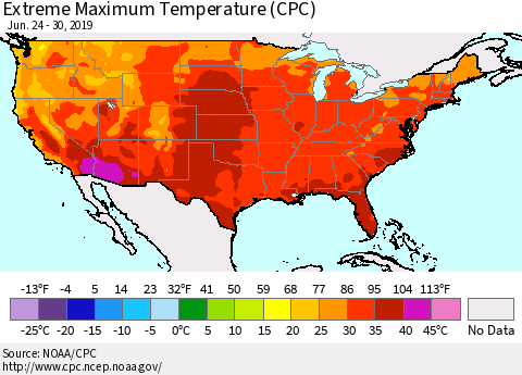 United States Maximum Daily Temperature (CPC) Thematic Map For 6/24/2019 - 6/30/2019