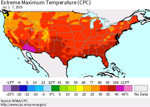 United States Maximum Daily Temperature (CPC) Thematic Map For 7/1/2019 - 7/7/2019