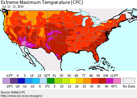 United States Maximum Daily Temperature (CPC) Thematic Map For 7/15/2019 - 7/21/2019