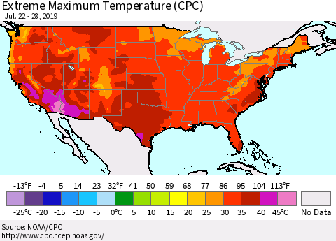 United States Maximum Daily Temperature (CPC) Thematic Map For 7/22/2019 - 7/28/2019